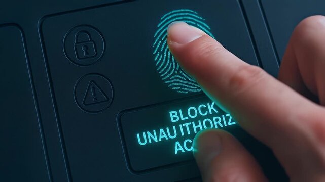 Close up of thumb pressing fingerprint scanner with glowing biometric identification blocking unauthorized access, security system access control technology for digital lock and cyber security