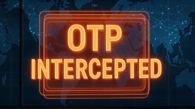 OTP intercepted glowing orange text on digital world map background cybersecurity alert global network data protection threat breach concept illuminated points slow zoom effect