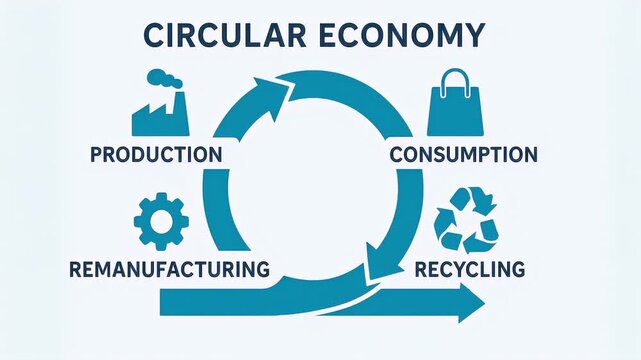 Circular economy production consumption recycling remanufacturing cycle sustainability resource management waste reduction with continuous loop icons illustrating eco friendly environment