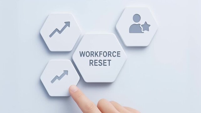 Workforce reset concept featuring human finger pointing at growth arrow icon on white hexagonal interface buttons with business strategy and employee management change surrounded by user icons