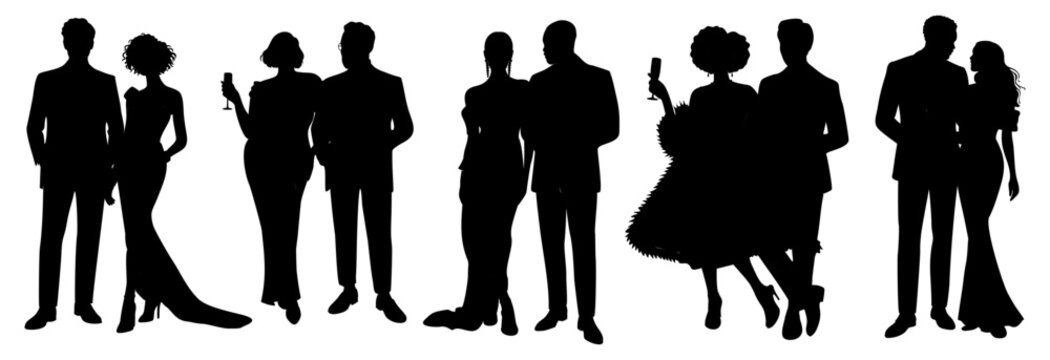 A minimalist set of black silhouettes showing elegant couples in formal evening wearvector illustration isolated on transparent background.