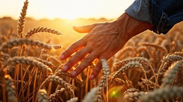 Farmers Hand Gently Brushing Through Ripe Wheat Field at Sunset.