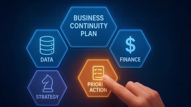 Business continuity plan concept featuring data, finance, strategy, and priority action icons futuristic digital interface with glowing hexagons and urgent response button pressed for effective