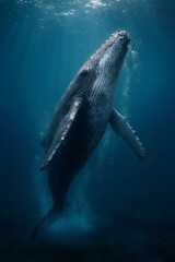 Fototapeta premium Humpback whale swimming upwards in deep blue water, light rays penetrating from the surface, creating an atmospheric underwater scene
