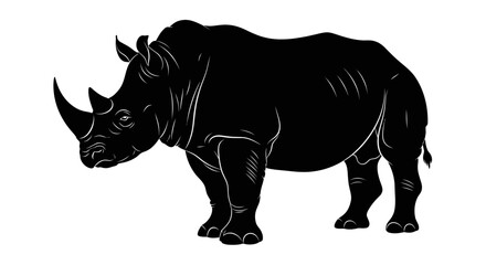Fototapeta premium Black Silhouette of a Rhinoceros Standing Side Profile on White Background Vector Illustration