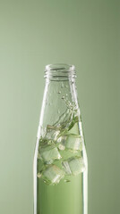 Clear glass bottle filled with refreshing green liquid and ice cubes splashing