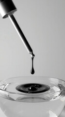 Close-up of a dark liquid drop falling into clear water creating ripples