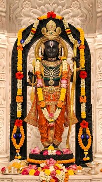 Lord Ram Idol in Ayodhya Temple, Traditional Hindu Religion and Indian Culture