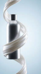 Sleek silver bottle elegantly swirled with flowing white liquid against a soft blue background