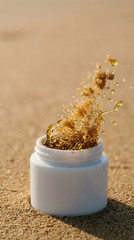 Brown sugar and liquid splash from white jar on sandy beach