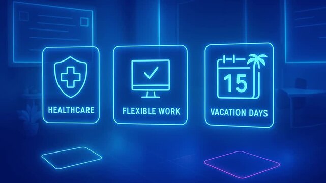 Flexible work healthcare vacation day calendar with palm tree shield computer monitor glowing blue neon office employee perks remote work paid time off medical insurance work life balance benefits