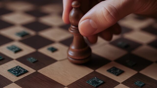 Chess piece held by hand on wooden chessboard with microchip technology close up, symbolizing strategy game integration and thoughtful electronic chess piece play
