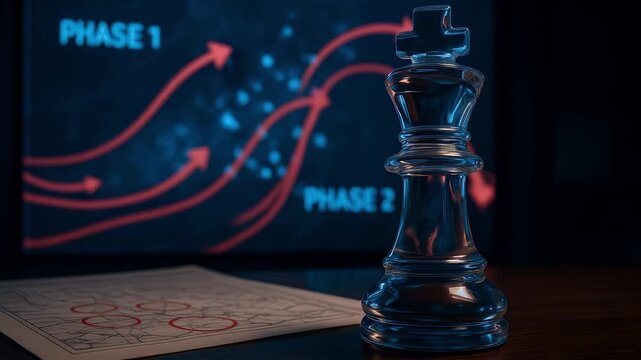 Glass chess king piece strategy plan phase diagram with leadership decision making arrows reflecting business strategy and tactical thinking for success challenge
