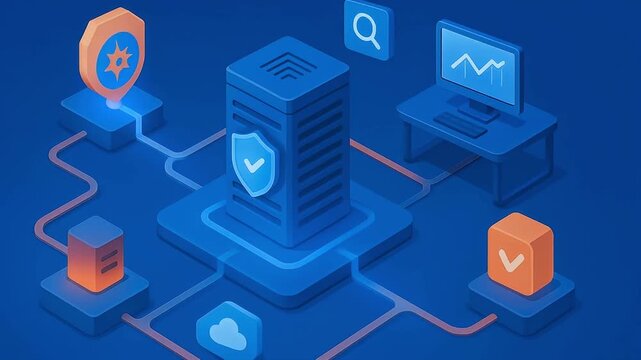 Network security server with shield icon and data protection concept featuring cloud storage, computer analytics, and secure data flow connected by glowing lines on blue background technology