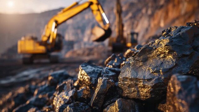 Detailed view of coal pieces with shimmering mineral surfaces, golden sunlight emphasizing their rugged texture, industrial excavators blurred in the background