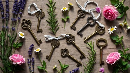 Vintage Keys and Flowers on Wood.