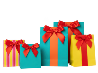 A colorful array of gift boxes with red ribbons isolated on transparent background