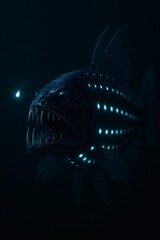 Deep sea dragonfish swimming in darkness, displaying bioluminescent spots and an illuminating lure to attract prey