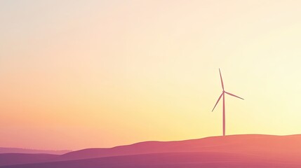 Obraz premium Turbine overlooking rolling hills at sunset. Warm pastel sky bathes gentle ridges in soft light, lone turbine stands as sentinel of clean energy in pastoral setting, perfect for environmental