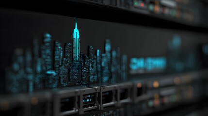 Futuristic cityscape on computer server screen in dark room