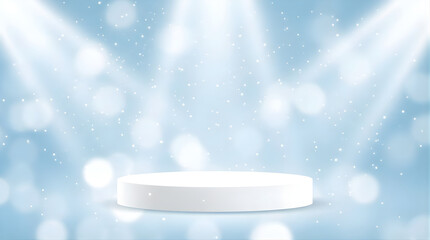 White circular podium for product presentation with light blue bokeh background and sparkling rays of light