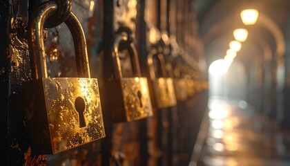 A close-up of old rusty padlocks hang from a dimly lit corridor with warm glowing lights.