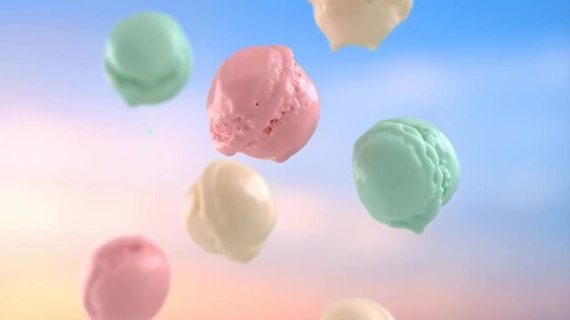Colorful ice cream scoops floating against a soft pastel sky background
