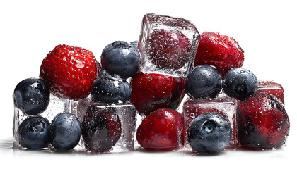 Macro shot of juicy berries and melting ice evoking cool freshness, on white background