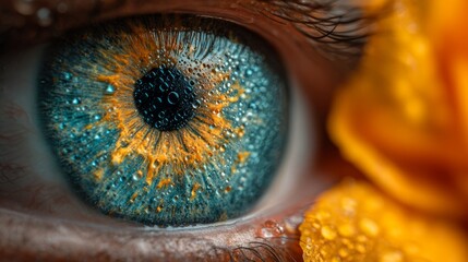Fototapeta premium Close-up macro view of a vibrant turquoise and gold iris with a starburst pupil and shimmering water droplets