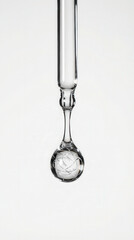 Close-up of a clear glass dropper with a liquid drop containing silver strands