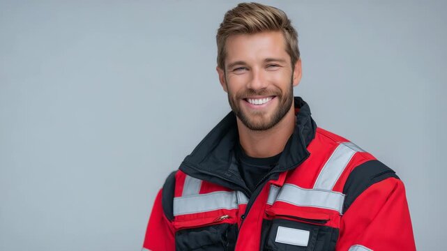 Male paramedic leaning slightly forward, smiling warmly, light gray background, highlighting teamwork and readiness