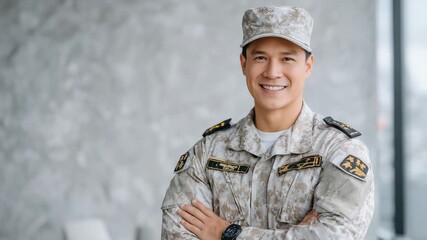 Military man at ease in uniform, smiling, light gray background, medals and insignia visible, approachable and disciplined