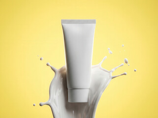 White cosmetic cream tube emerging from a dynamic milk splash on yellow background