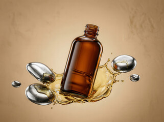 Amber glass bottle with golden liquid splash and metallic spheres in motion
