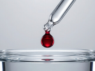 Close-up of a red liquid drop falling from a glass pipette into a clear container