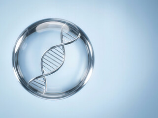 Abstract DNA helix encased in a clear water droplet on a soft blue background