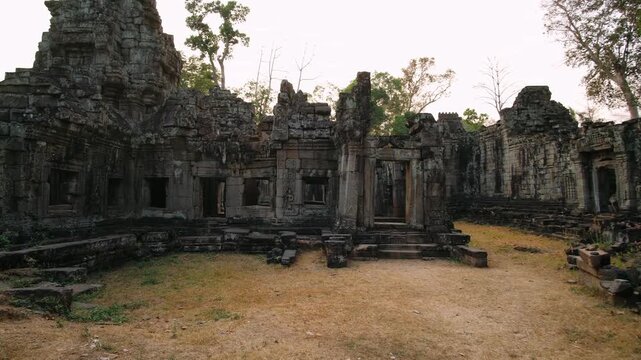 Ancient stone ruins of preah khan temple, a historic khmer landmark in the angkor archaeological park, showcasing intricate architecture. UNESCO World Heritage Site.