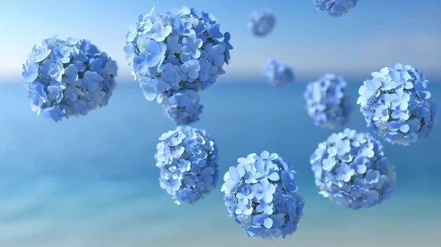 Floating blue hydrangea blossoms drift over a tranquil ocean horizon