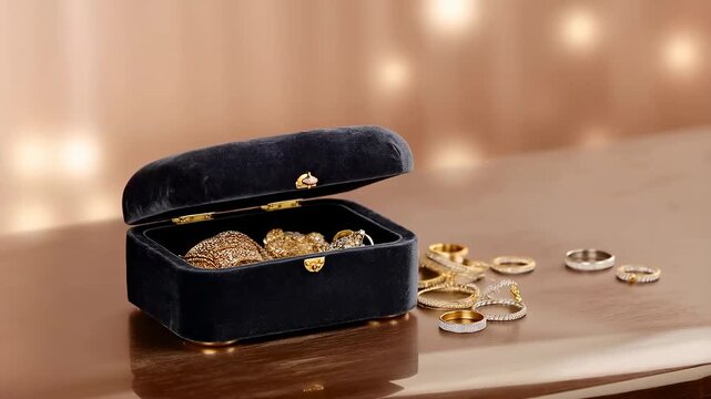 Elegant jewelry box opening to reveal sparkling rings and bangles in luxurious setting