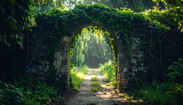 Old stone arch covered in lush green vines, abandoned garden path, magical portal atmosphere