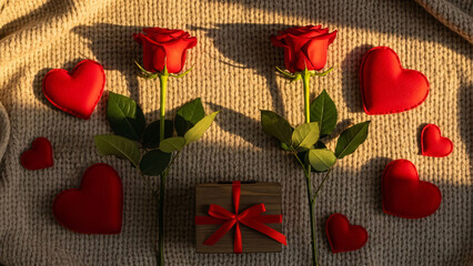 Two Red Roses, A Wooden Gift Box, And Felt Hearts Arranged Symmetrically On A Warm Knitted Blanket In Golden Hour Light