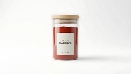 Glass Jar of Organic Paprika Spice on White Background Keywords: paprika, spice, seasoning