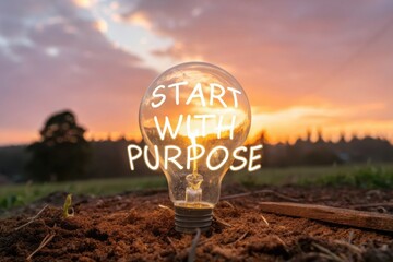 Light Bulb Glowing with Purpose Against Sunrise Landscape Background