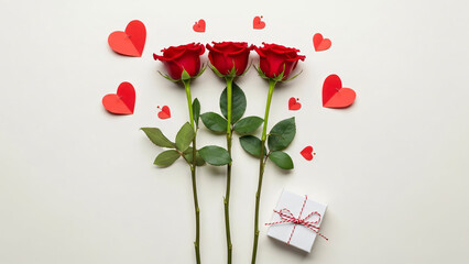 Three Red Roses and Paper Hearts Arrangement with a Small Gift Box on a Minimalist Beige Background