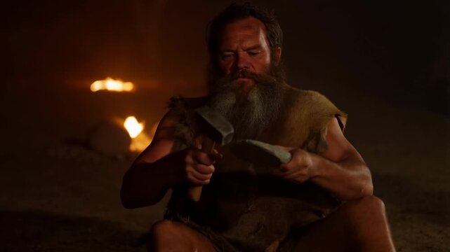 Ancient craftsmanship: man sharpening tool by firelight in a cave