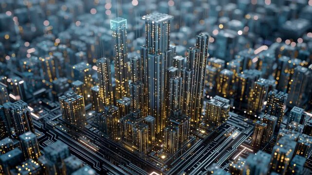 A bustling city at night, with tall buildings and a large, Close-up digital city ecosystem micro chips morph into building clusters, hybrid physical digital convergence, digital city ecosystem