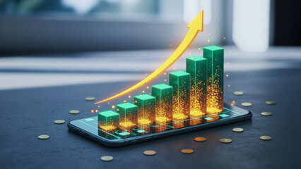 Financial growth chart emerging from smartphone with coins and digital particles