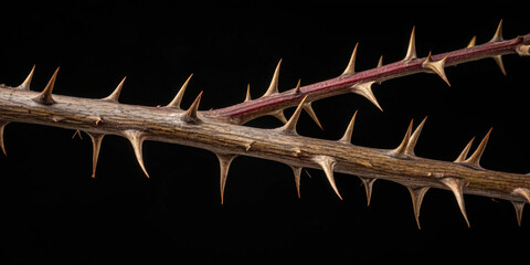 Close-up of sharp thorns on a dry branch. Detailed macro shot of a spiky plant stem isolated on a black background. Concept of danger and protection