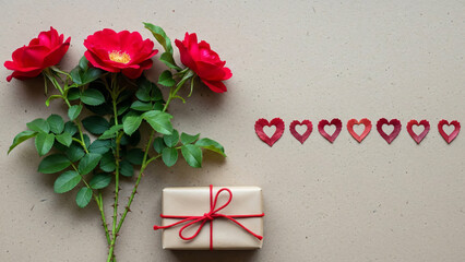 Red Roses, Kraft Gift Box, and Delicate Heart Cutouts Arranged on a Neutral Background for Romantic Occasions
