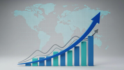 Global financial growth chart with arrows and digital world map background